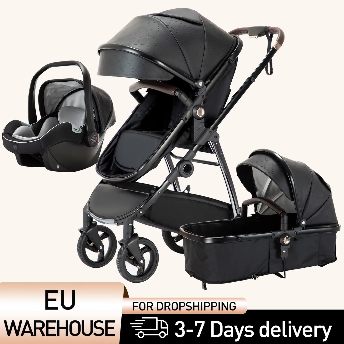 3-in-1 Luxury Baby Stroller & Carriage – High Landscape Newborn Travel Pram with Portable Baby Carrier (PU Leather)