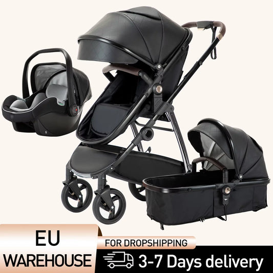 3-in-1 Luxury Baby Stroller & Carriage – High Landscape Newborn Travel Pram with Portable Baby Carrier (PU Leather)