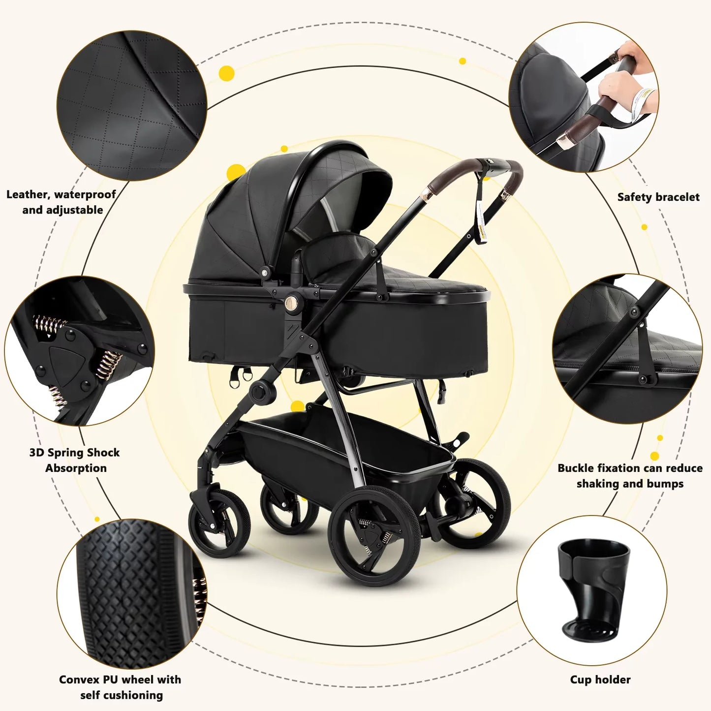 3-in-1 Luxury Baby Stroller & Carriage – High Landscape Newborn Travel Pram with Portable Baby Carrier (PU Leather)