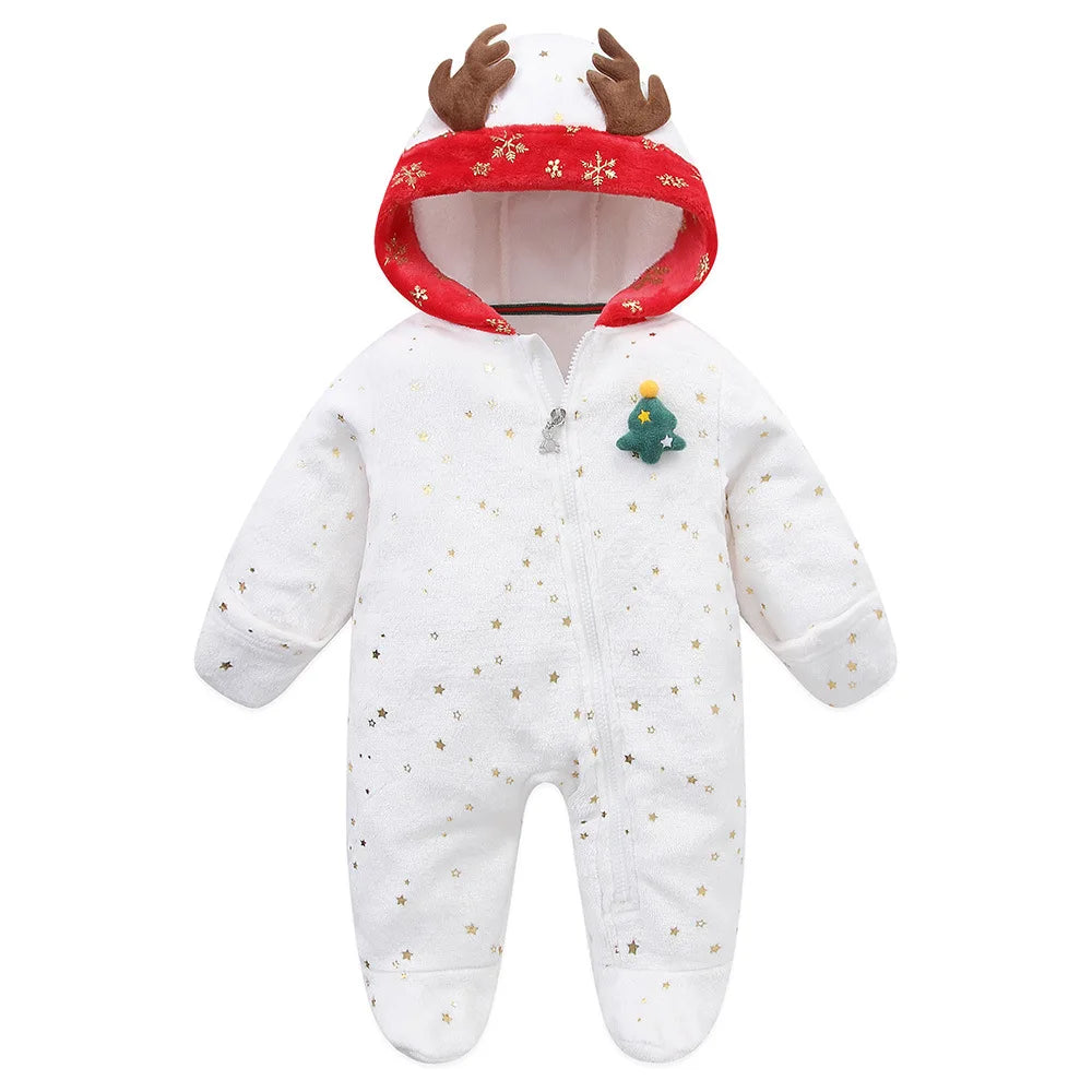 2025 Autumn Winter Newborn Baby Christmas Flannel Romper – Hooded Jumpsuit for Baby Boys & Girls (0–1 Year)