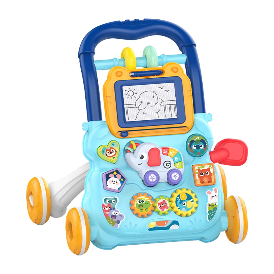 Baby Cartoon Push Walker Toy with Music & Drawing Board – Multifunction Learning Activity Walker for Infants 6–15 Months