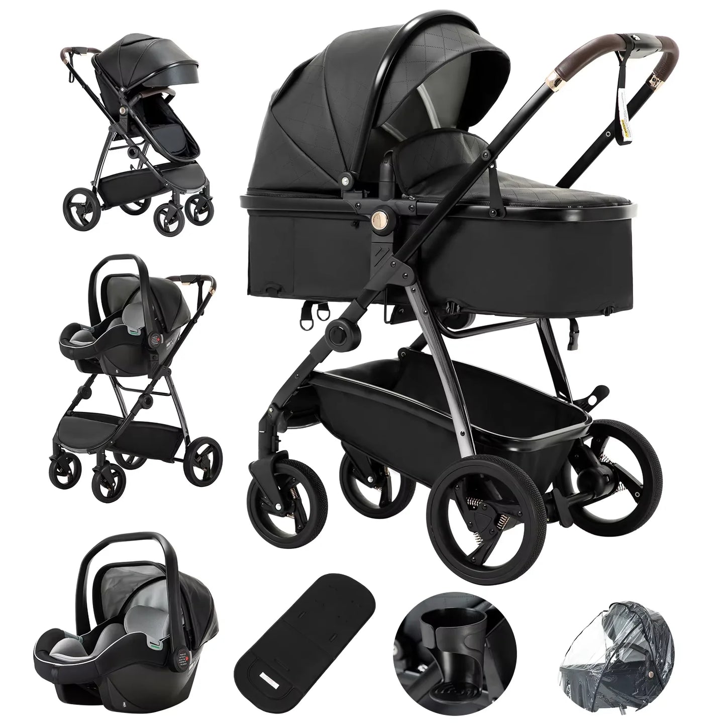 3-in-1 Luxury Baby Stroller & Carriage – High Landscape Newborn Travel Pram with Portable Baby Carrier (PU Leather)