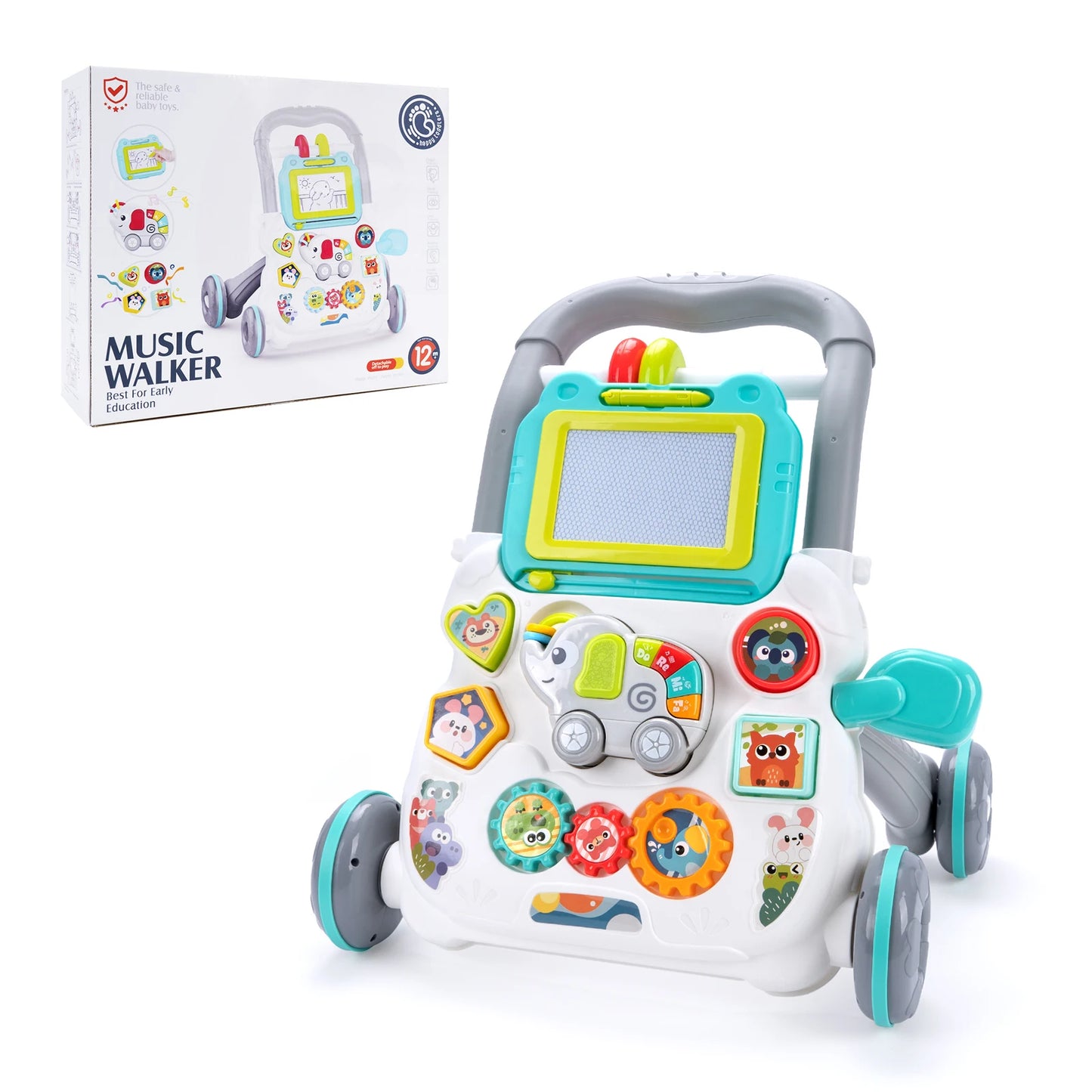 Baby Cartoon Push Walker Toy with Music & Drawing Board – Multifunction Learning Activity Walker for Infants 6–15 Months