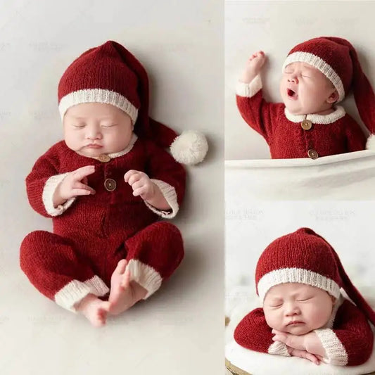 Newborn Mohair Christmas Photography Props – Soft Baby Hat & Jumpsuit Crochet Outfit for Studio Photoshoots