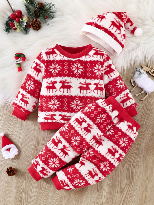 Winter Cute Newborn Baby Flannel 3-Piece Set – Warm Christmas Outfit for Baby Boys & Girls
