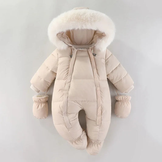 Winter Newborn Baby Girl Thick Romper – Warm Hooded Plus Velvet Jumpsuit with Gloves (0–18M)