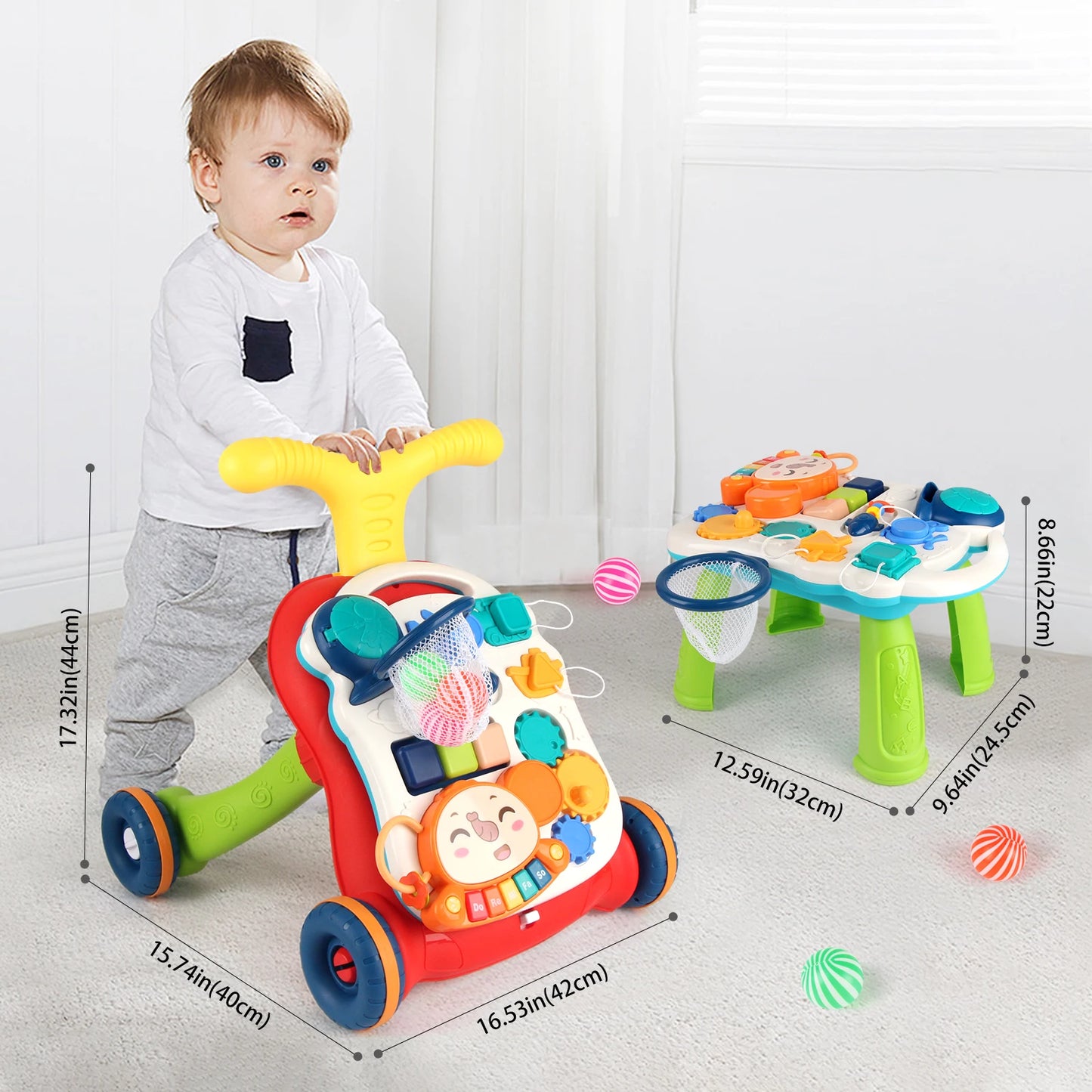 Baby Cartoon Push Walker Toy with Music & Drawing Board – Multifunction Learning Activity Walker for Infants 6–15 Months