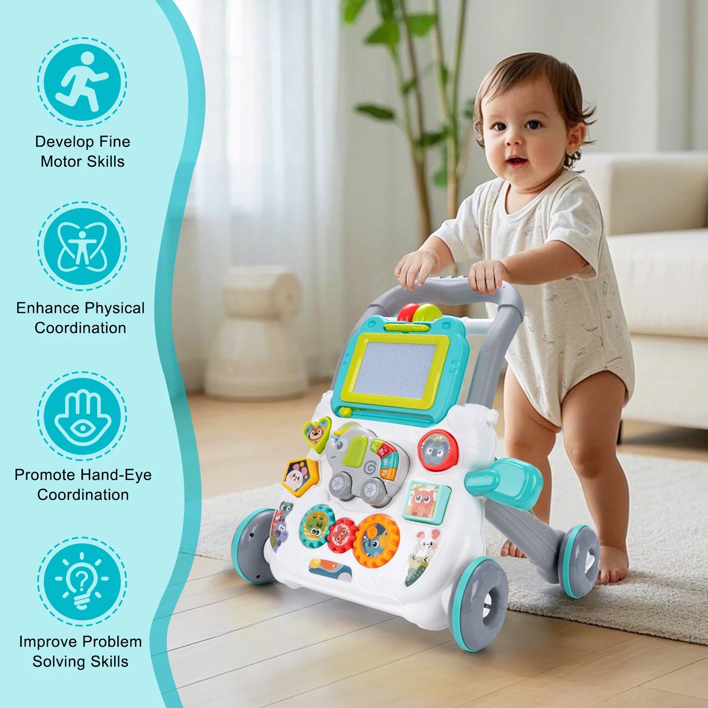 Baby Cartoon Push Walker Toy with Music & Drawing Board – Multifunction Learning Activity Walker for Infants 6–15 Months