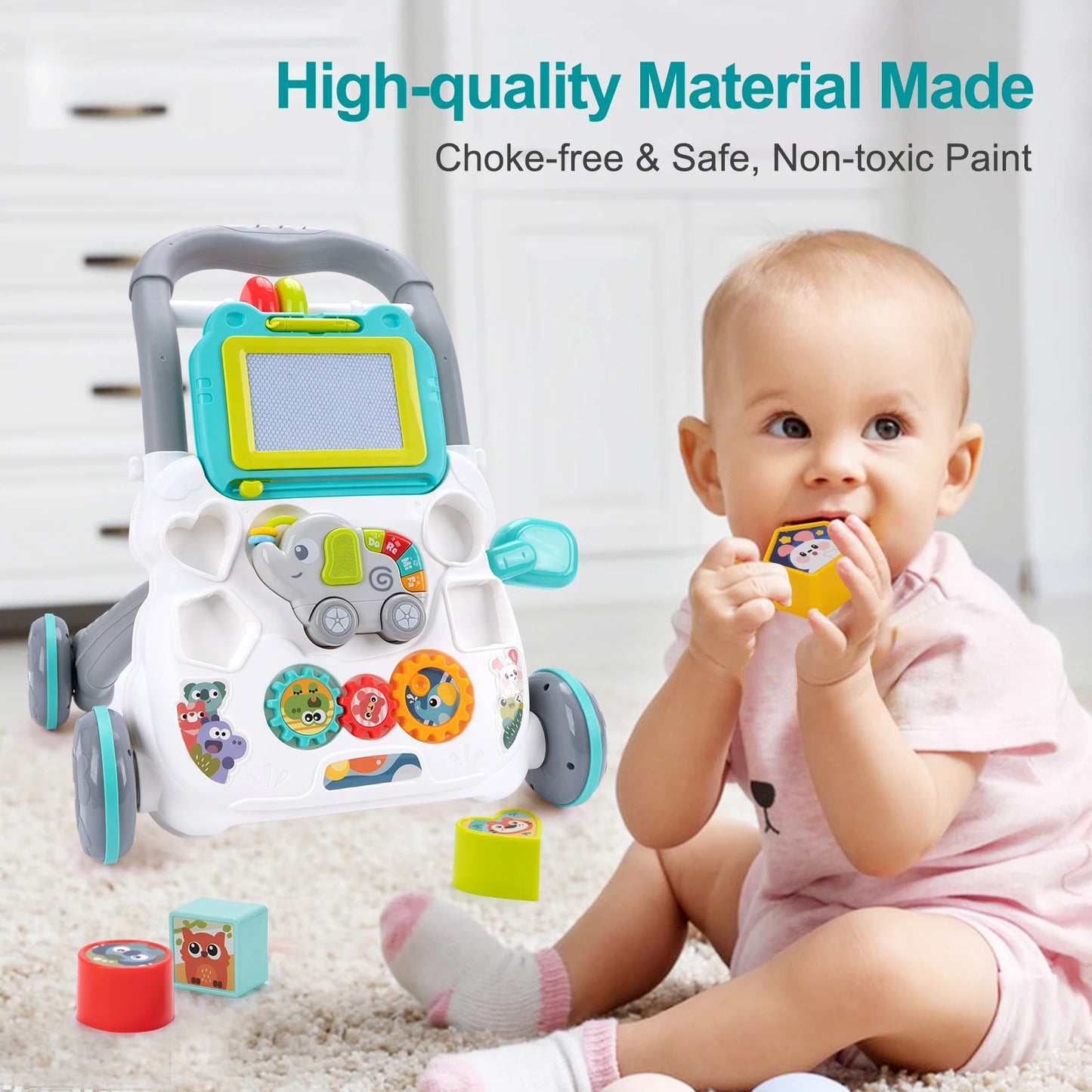 Baby Cartoon Push Walker Toy with Music & Drawing Board – Multifunction Learning Activity Walker for Infants 6–15 Months