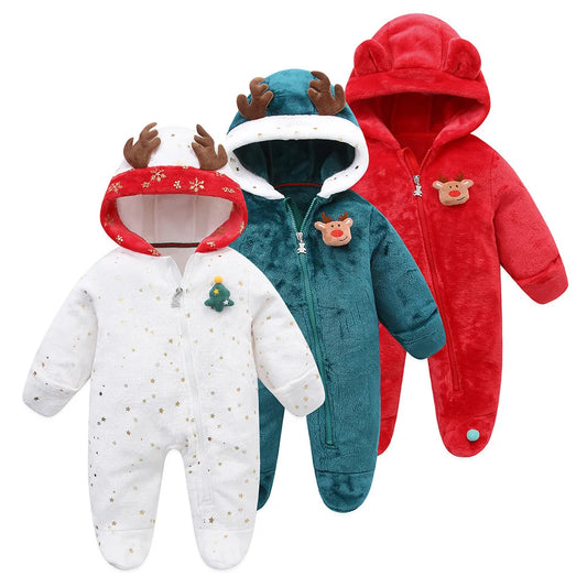2025 Autumn Winter Newborn Baby Christmas Flannel Romper – Hooded Jumpsuit for Baby Boys & Girls (0–1 Year)