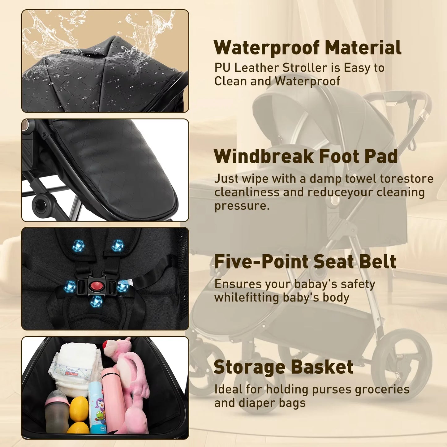 3-in-1 Luxury Baby Stroller & Carriage – High Landscape Newborn Travel Pram with Portable Baby Carrier (PU Leather)