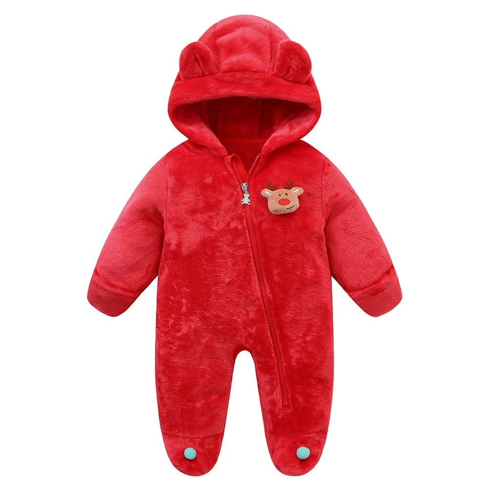 2025 Autumn Winter Newborn Baby Christmas Flannel Romper – Hooded Jumpsuit for Baby Boys & Girls (0–1 Year)