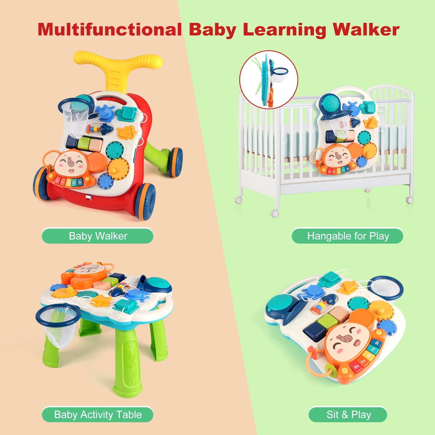 Baby Cartoon Push Walker Toy with Music & Drawing Board – Multifunction Learning Activity Walker for Infants 6–15 Months