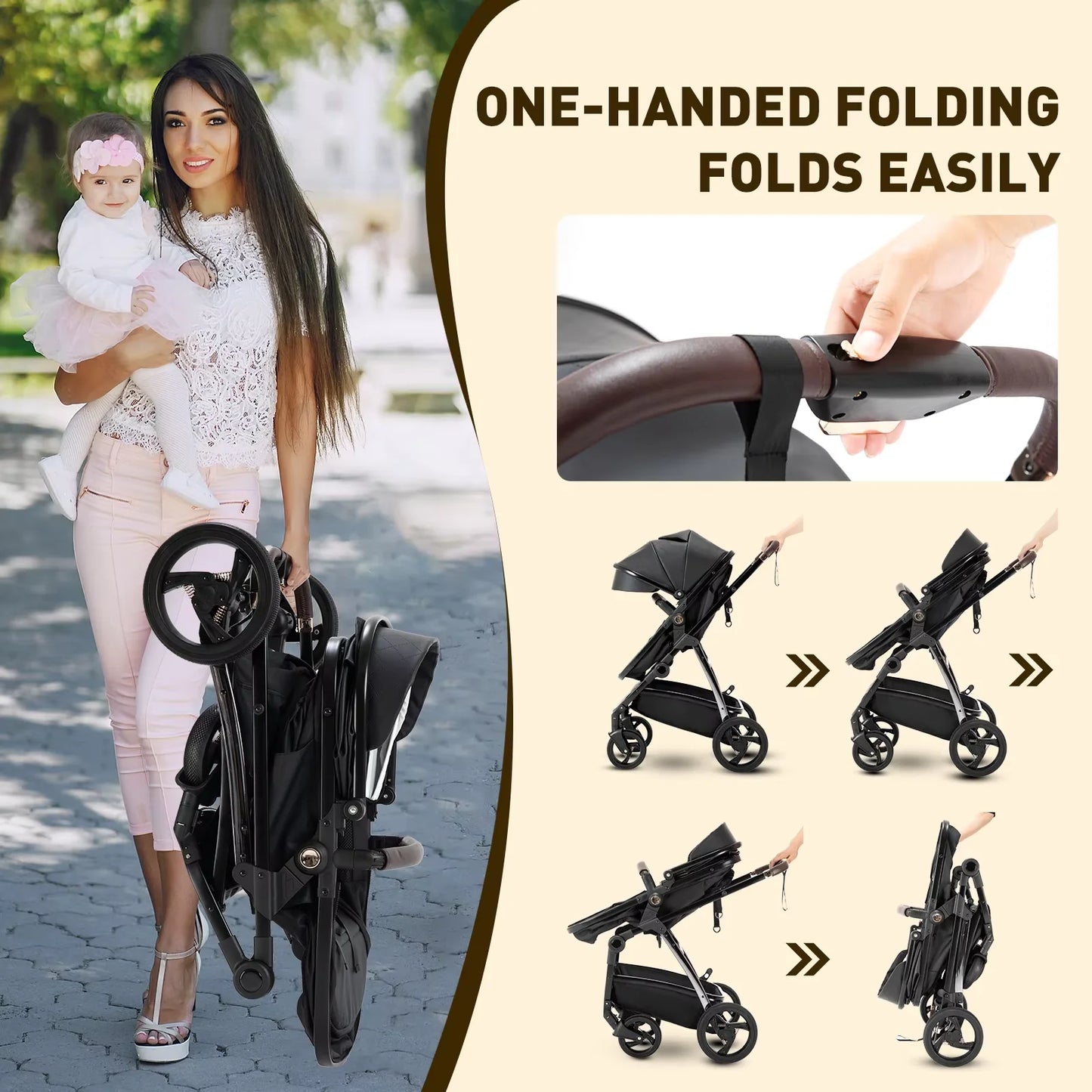 3-in-1 Luxury Baby Stroller & Carriage – High Landscape Newborn Travel Pram with Portable Baby Carrier (PU Leather)