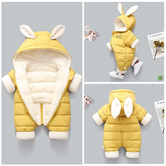 OLEKID 2025 Winter Baby Romper – Plus Velvet Warm Snowsuit | Cartoon Rabbit Hooded Jumpsuit for Baby Boys & Girls