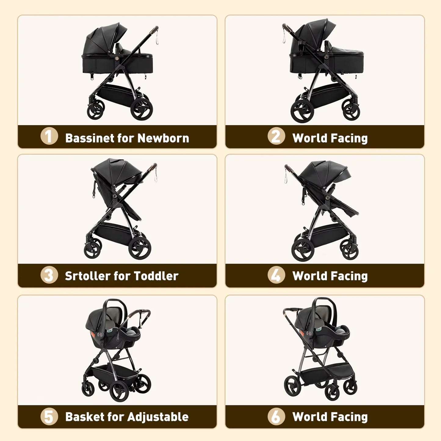 3-in-1 Luxury Baby Stroller & Carriage – High Landscape Newborn Travel Pram with Portable Baby Carrier (PU Leather)