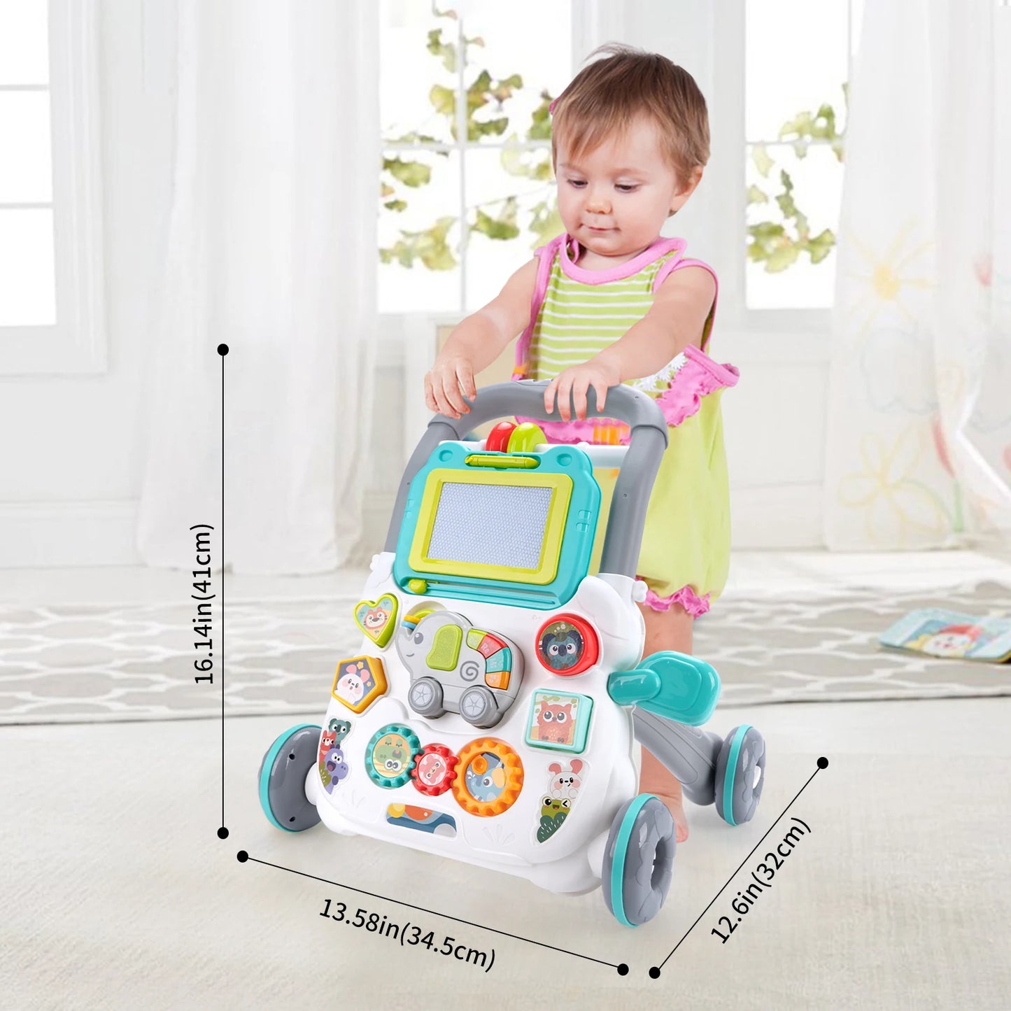 Baby Cartoon Push Walker Toy with Music & Drawing Board – Multifunction Learning Activity Walker for Infants 6–15 Months